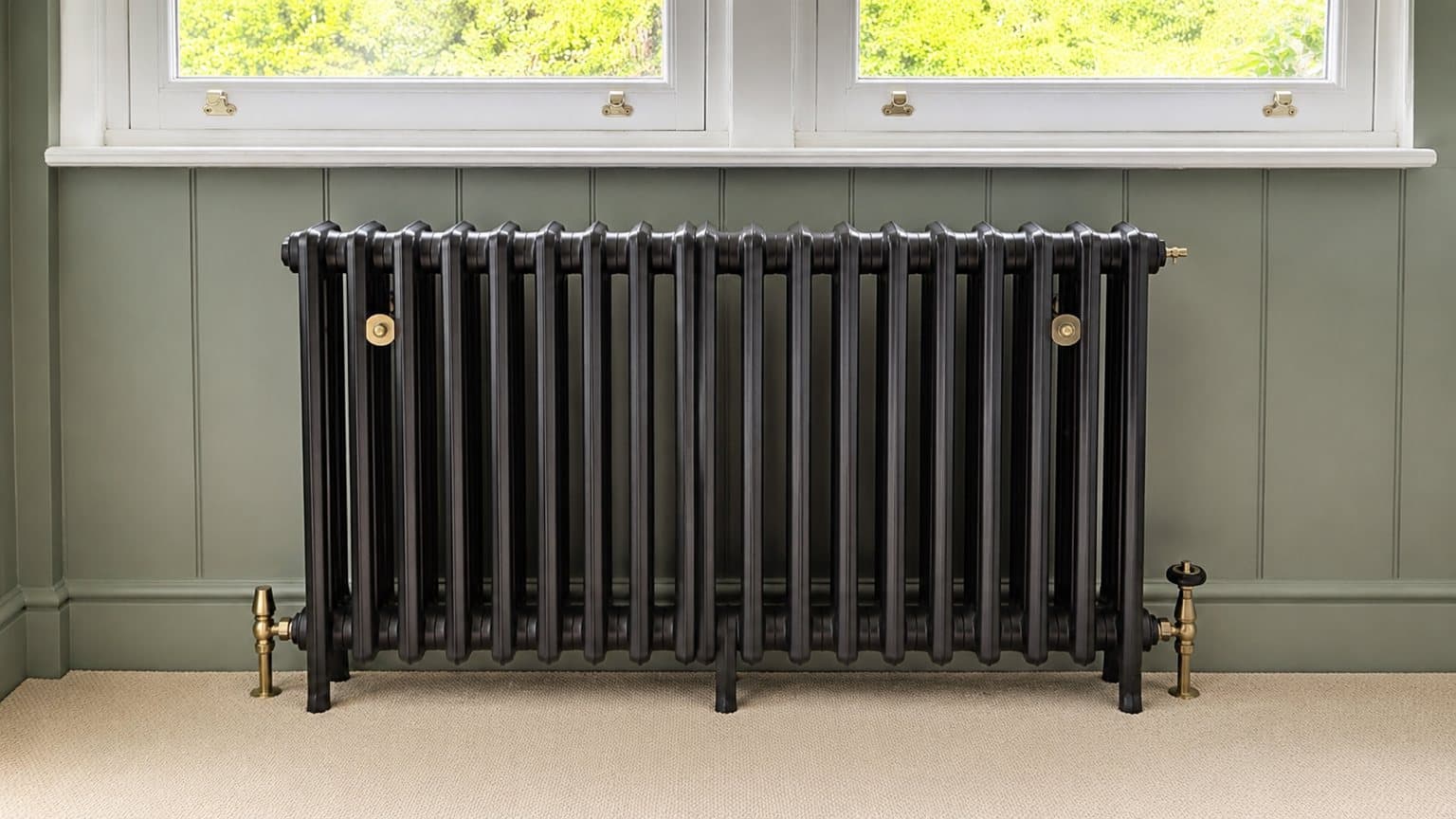 A cast-iron column radiator with brass valves beneath a sash window