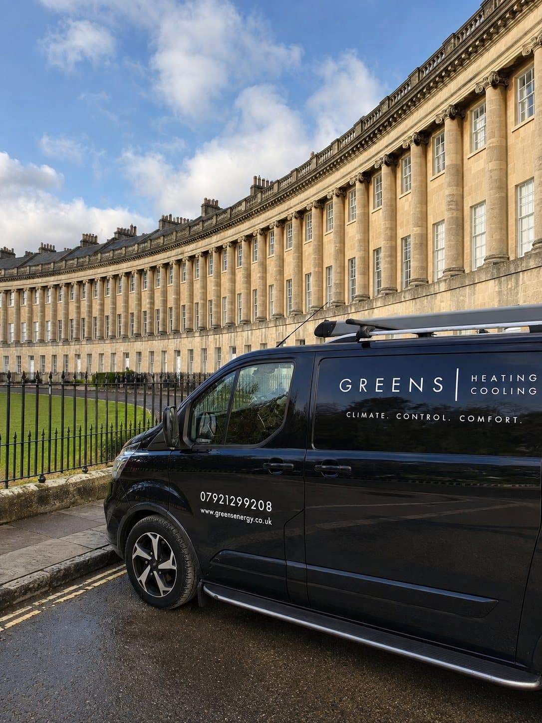 A Greens Heating & Cooling van parked at the Royal Crescent, Bath